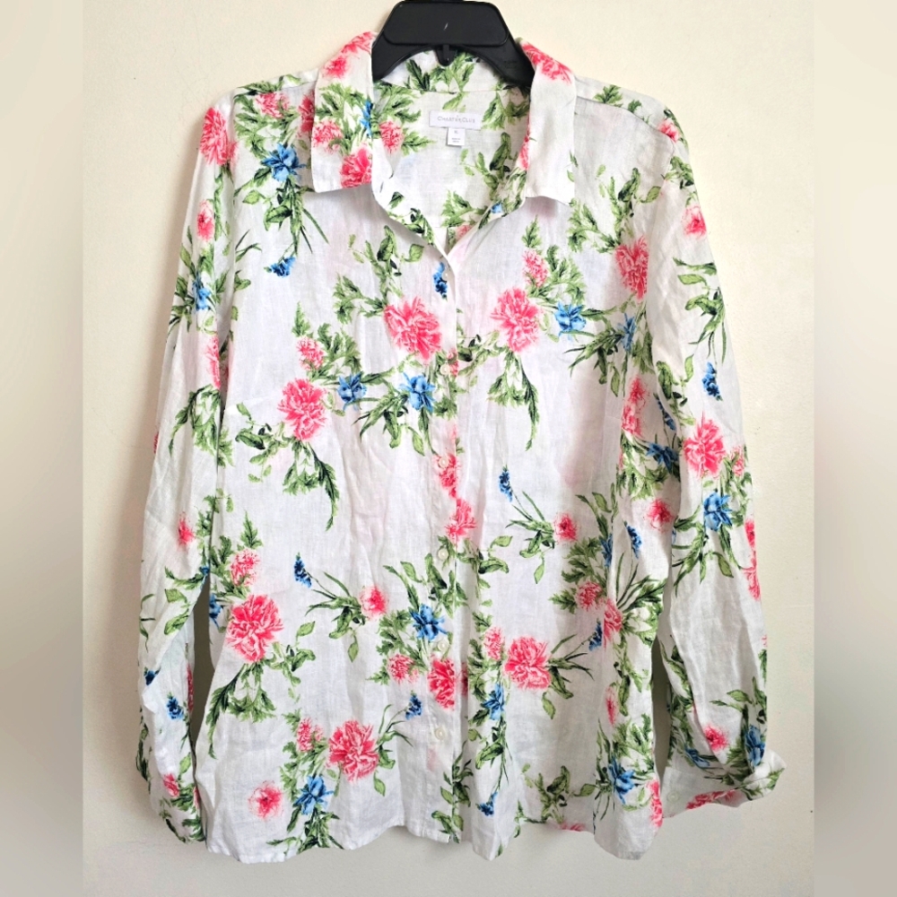 Women's Charter Club Floral Button Front Long sleeve Shirt 100% Linen XL Boho